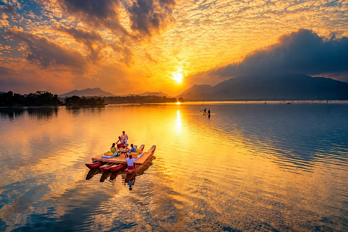 People on a small boat on a lake beneath an orange sunset