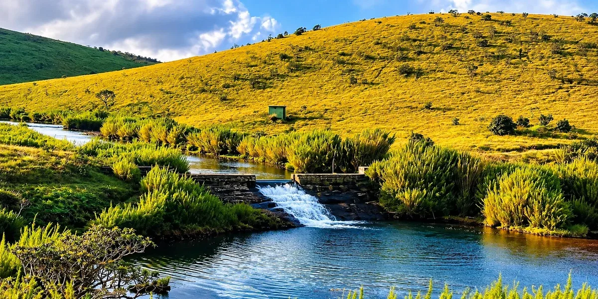 A stream flowing through golden highland grasslands
