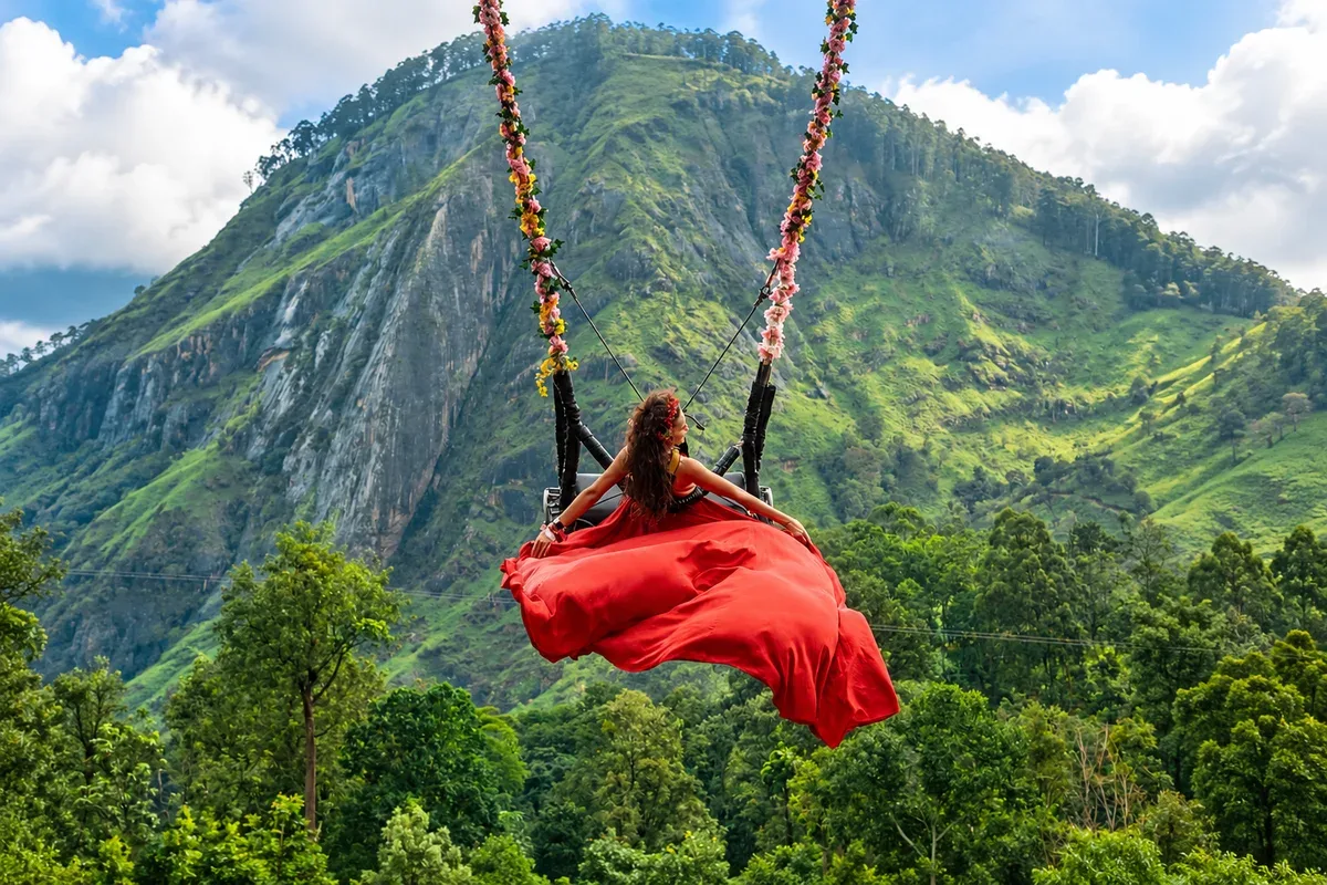 A visitor on a flower-decorated swing overlooking the green mountains in Ella