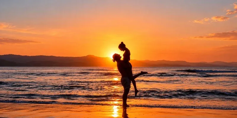 A couple embracing on the beach at sunset