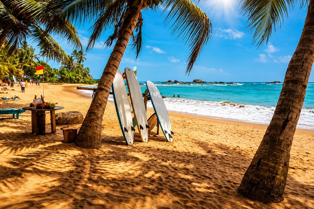 Surfboards resting against palm trees beside a sandy beach