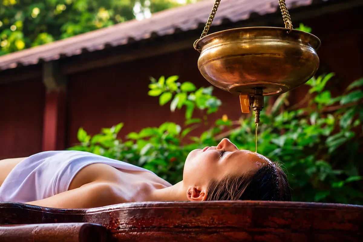 A woman receiving a Shirodhara oil treatment in a garden spa