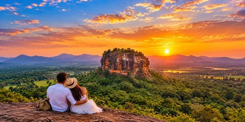 A couple overlooking Sigiriya rock at sunset