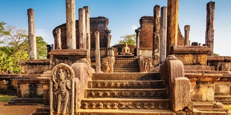 Ancient stone steps and carved temple ruins at Polonnaruwa