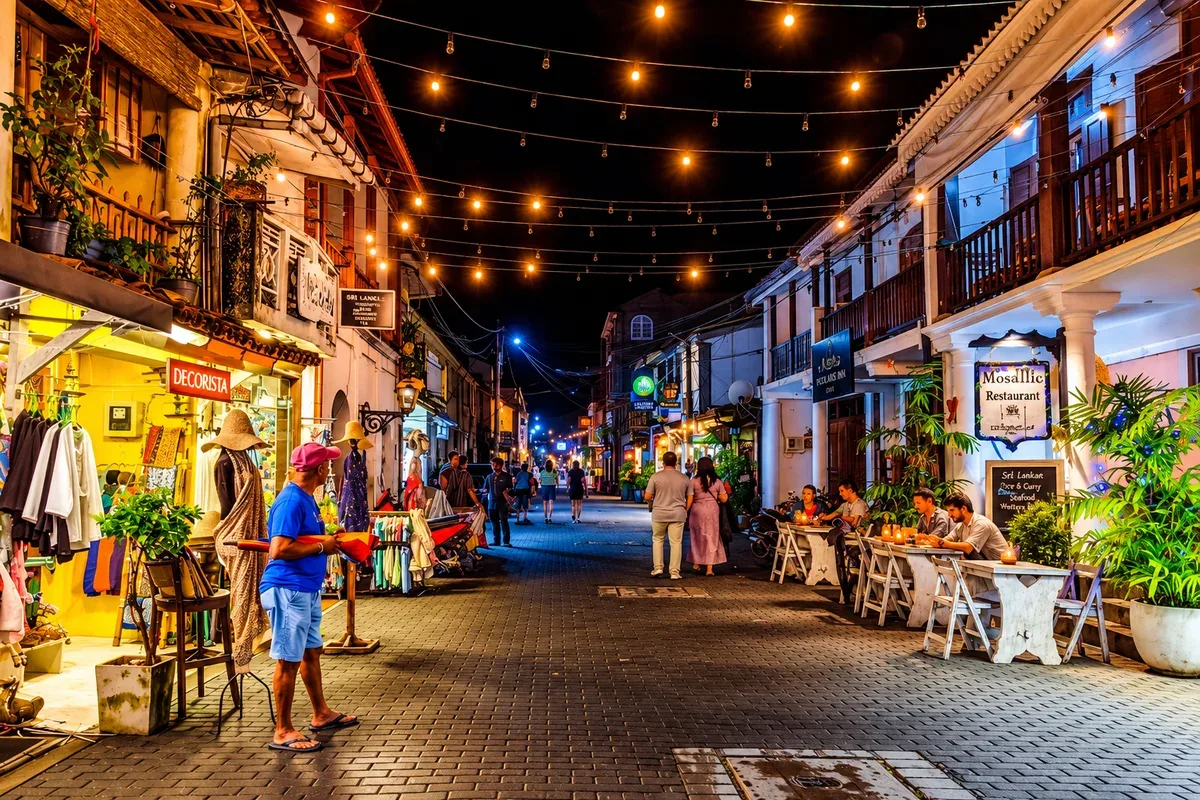 Shops and outdoor restaurants along a street lit with hanging lights in Galle