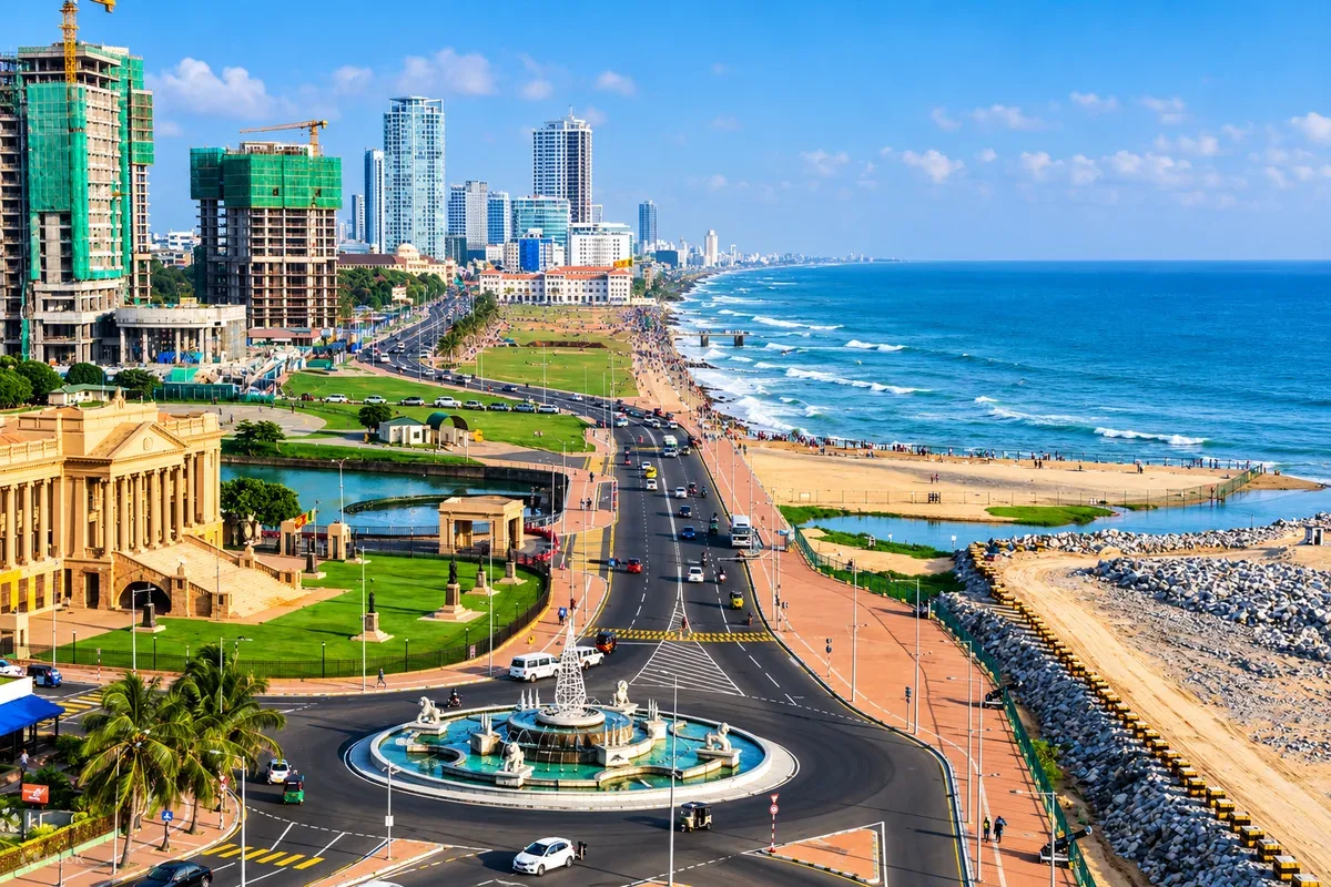 Colombo city buildings and roads beside the ocean