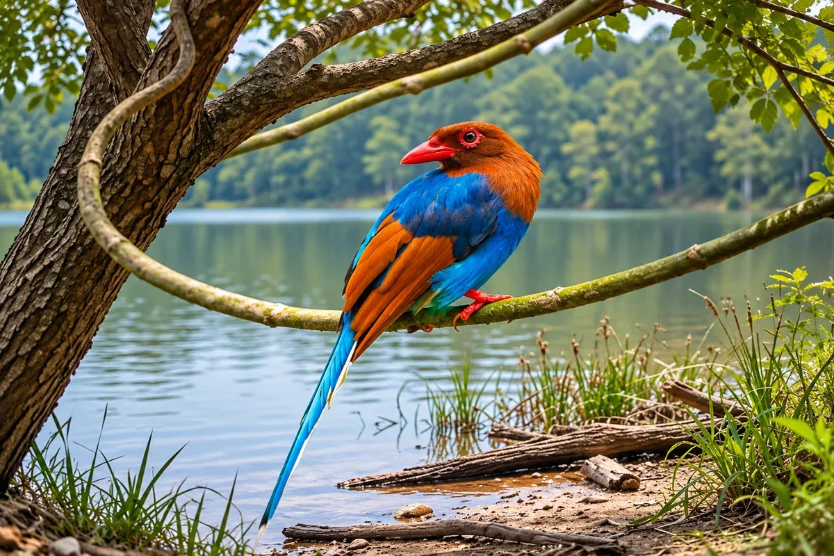 A blue and orange bird perched on a branch beside a lake