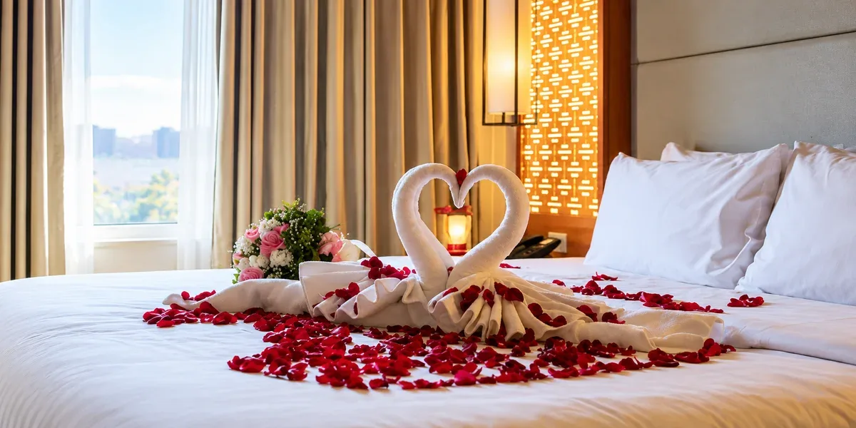 Swan-shaped towels and rose petals on a romantic hotel bed