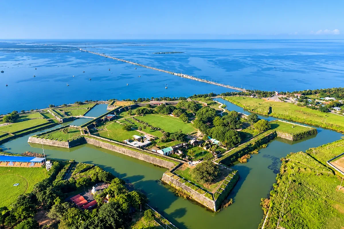 Aerial view of Jaffna Fort with its moat and the lagoon beyond