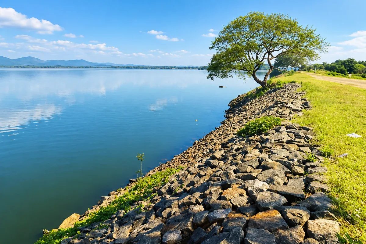 A calm reservoir beside a rocky bank, grass and trees