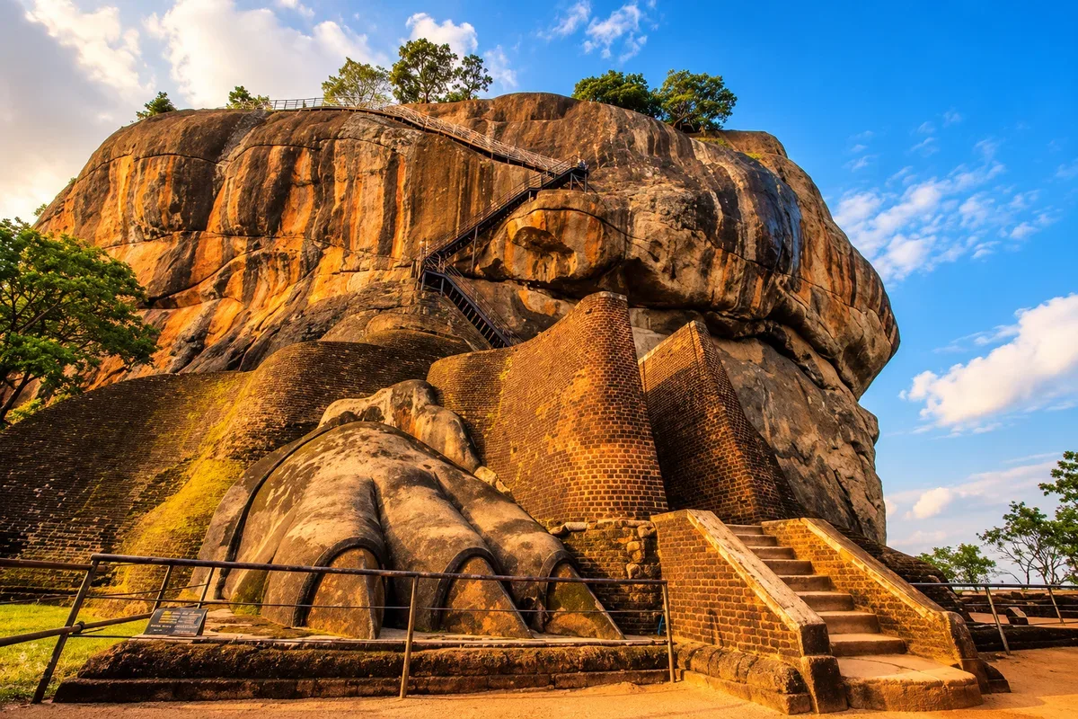 The stone lion paws and stairway at Sigiriya in warm light