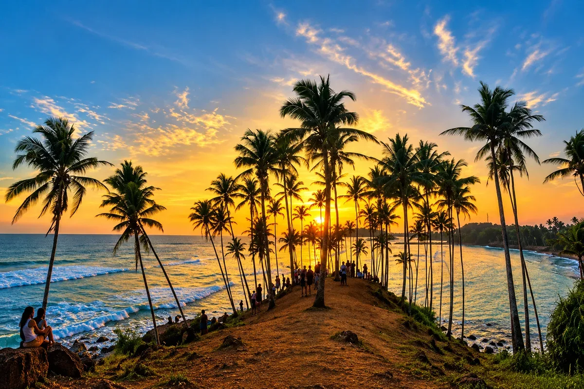 Visitors watching the sunset among palm trees at Coconut Tree Hill in Mirissa