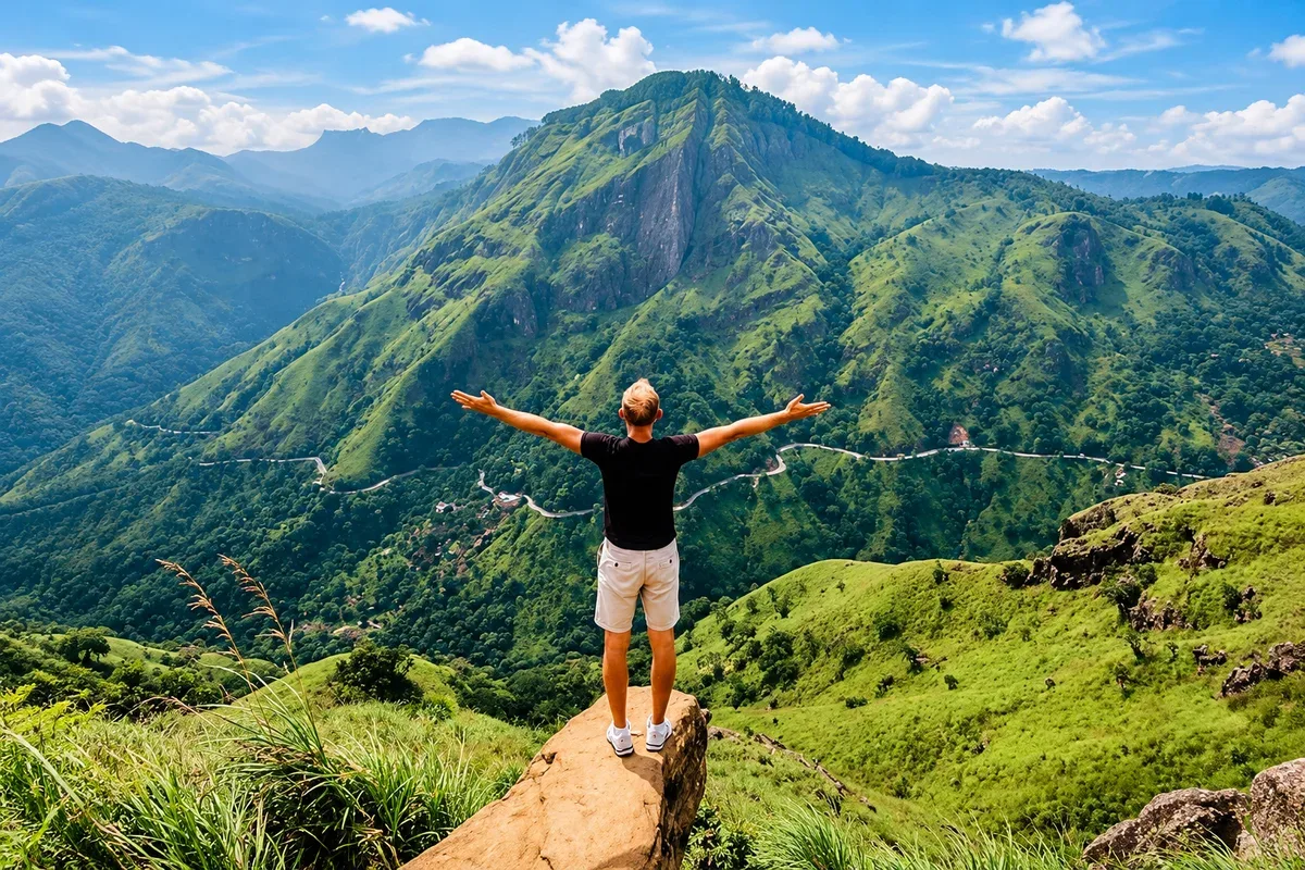 A hiker looking across the green hills and valley in Ella