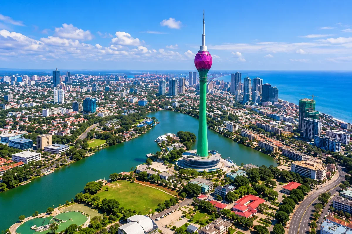 The Lotus Tower rising above a lake and the Colombo skyline