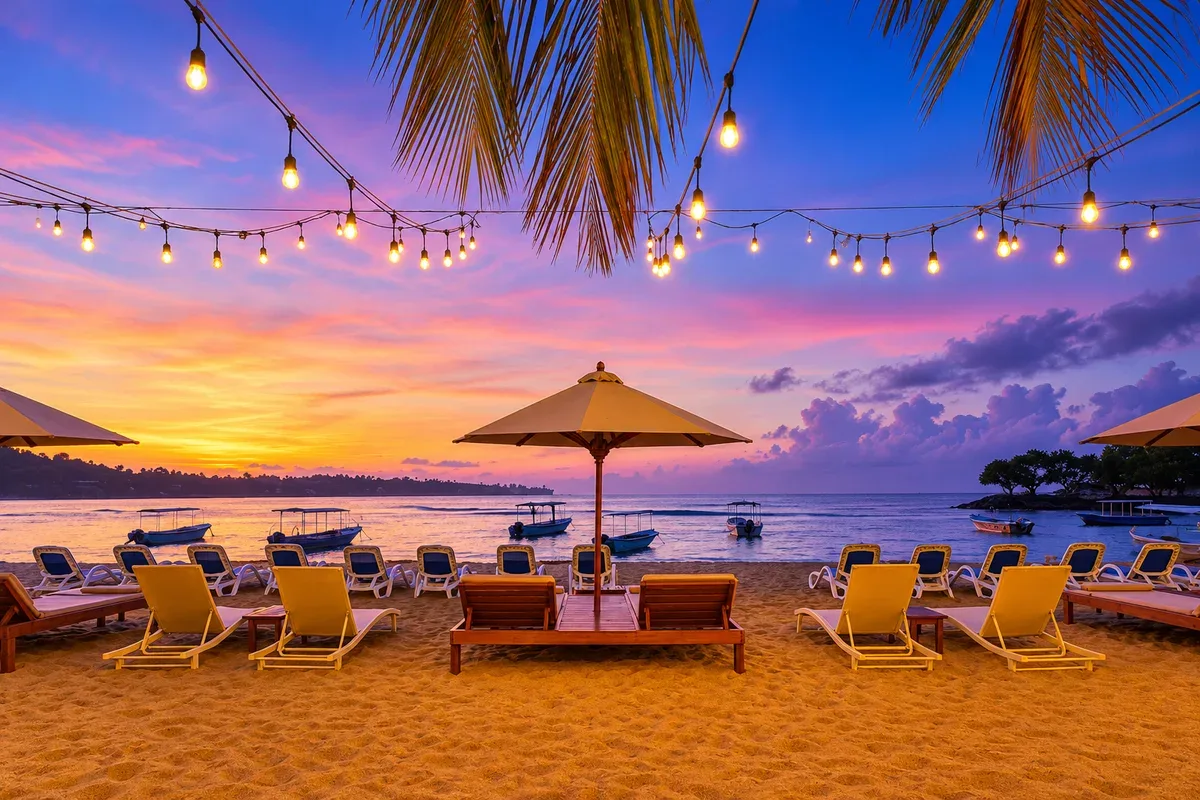 Beach chairs and boats beneath hanging lights at sunset